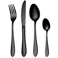HOMQUEN Black Cubiertos-Juego de Cubiertos- 24 Piezas Stainless Steel Knife Fork Set para 6 Personas (Negro- 6 Juegos)